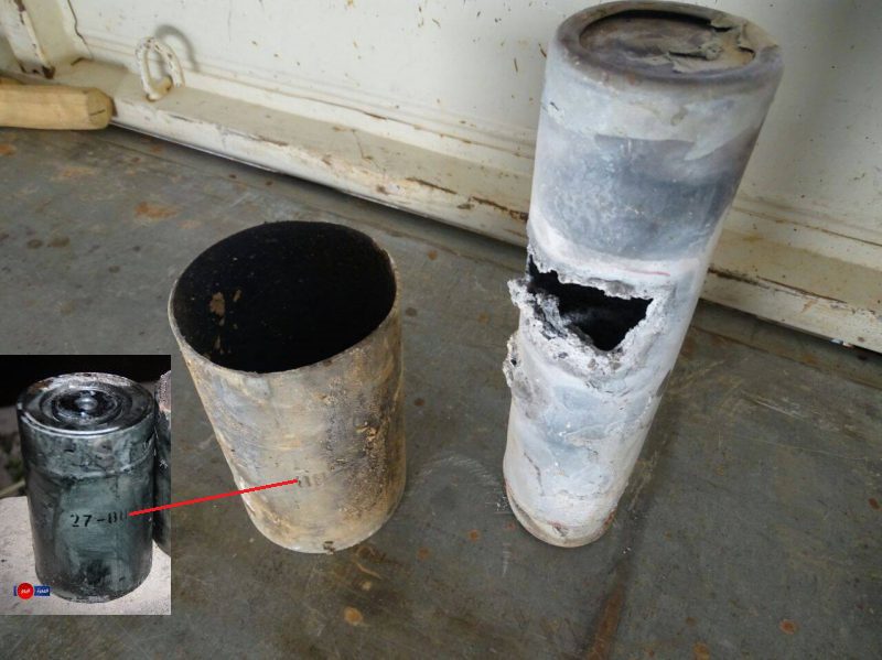 Выгоревшие остатки зажигательных авиабомб (слева — уже знакомый нам суббоеприпас ЗАБ-2,5С)
